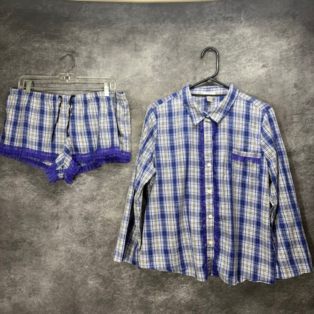 Pout Victoria's Secret Purple Plaid Pajamas Button Top Shorts Size L Lace Trim
